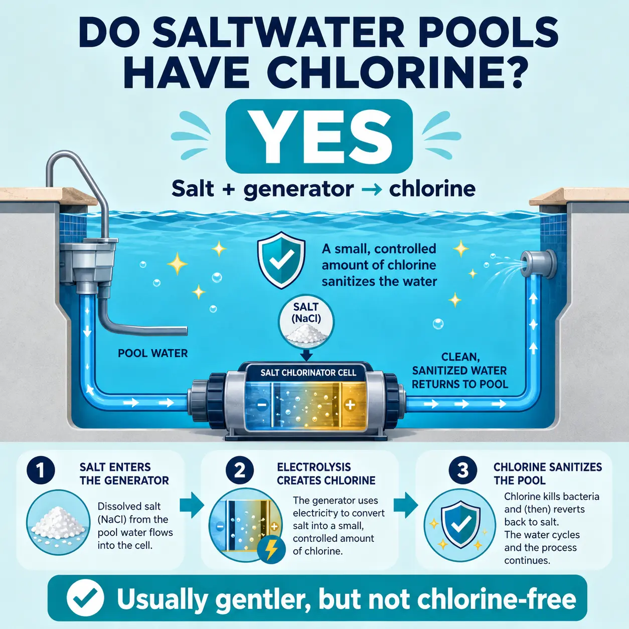 Salt water pool chlorine guide explaining how salt and a generator produce chlorine